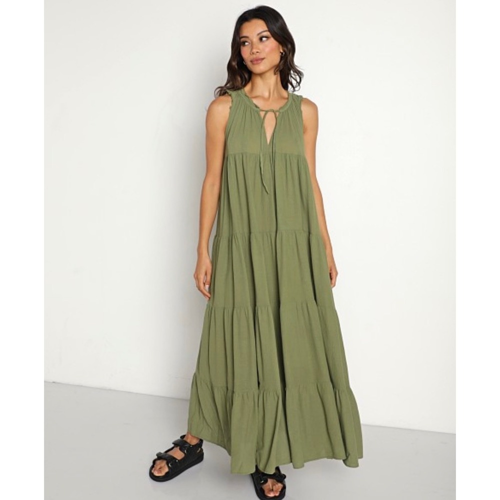 9seed Resort M/L Green Tiered Maxi Dress 100% Cotton Made USA Fall Boho Coastal